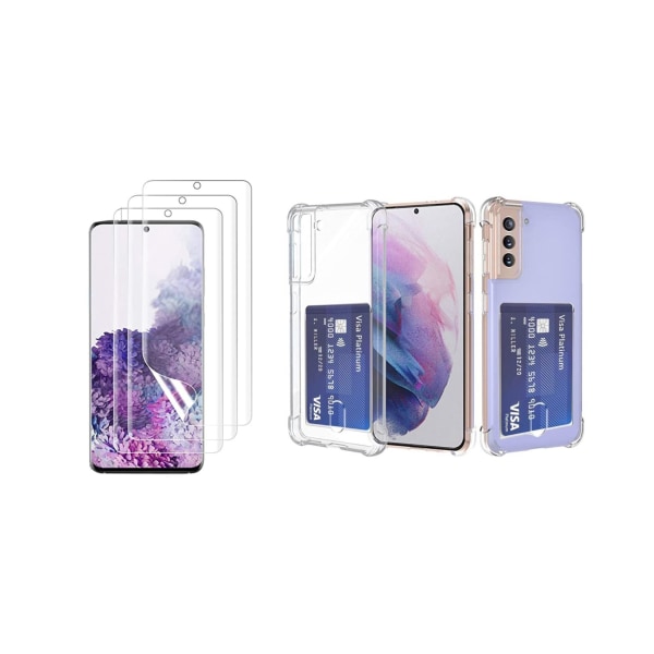 Samsung Galaxy S21 Plus - Kansi korttilokerolla ja pehmeällä näytönsuojalla Transparent
