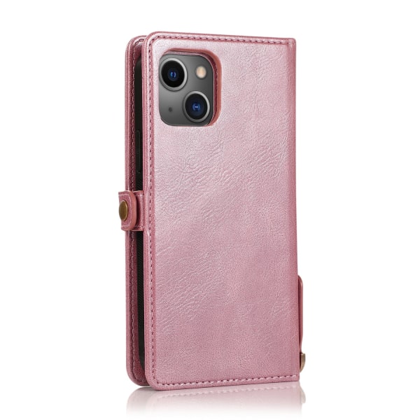 iPhone 15 - Luksus lommebokveske i skinn med silikonskall og ku Pink gold