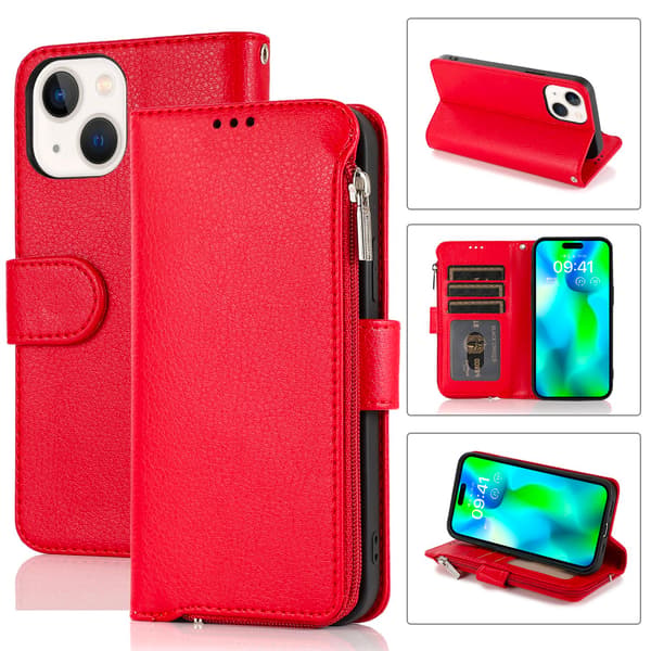 iPhone15PLUS-Fodral Vikbart med Axelrem och Dragkedja 3-Kortfack Red