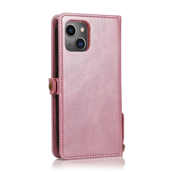 iPhone 15 -  Lyxigt Läder Plånboksfodral med Silikonskal och Korthållare Roséguld