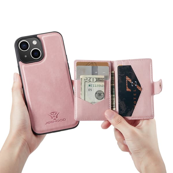 iPhone 15- Läderplånboksfodral med magnetiskt hållare Roséguld