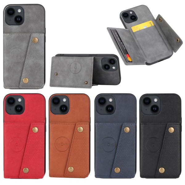 iPhone 15 - Ylellinen retronahkainen lompakkokotelo, 4 korttilokero Red