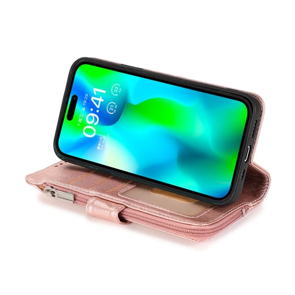 Elegant plånboksfodral i mikrofiberläder med dragkedja - iPhone 15 Pro Roséguld