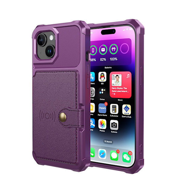 Elegant plånboksfodral i lyxigt PU-läder för iPhone 15 Plus Purple