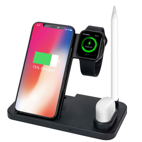 4in1 Trådlösladdnings Station Mobil,Apple Watch, Apple Pen, Airpods Svart Svart
