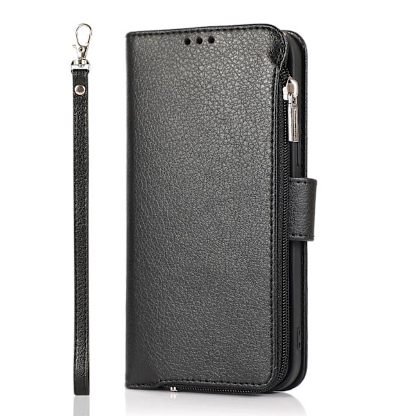 Plånboksfodral i Mikrofiberläder med Dragkedja - iPhone 15 Svart