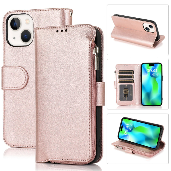 Plånboksfodral i Mikrofiberläder med Dragkedja - iPhone 15 Pink gold