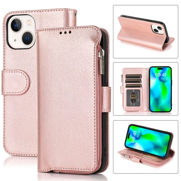 Plånboksfodral i Mikrofiberläder med Dragkedja - iPhone 15 Roséguld