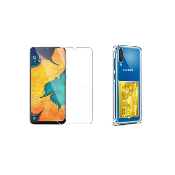 Samsung Galaxy A70 - Kansi korttilokerolla ja näytönsuojalla Transparent