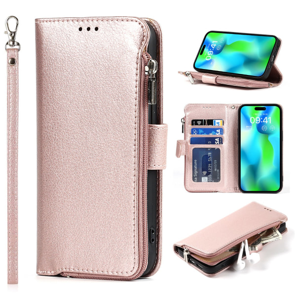 Elegant plånboksfodral i mikrofiberläder med dragkedja - iPhone 15 Pro Rosa guld