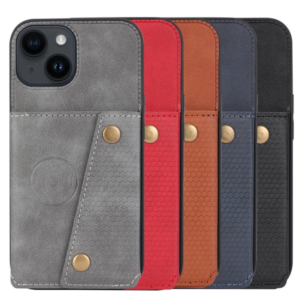 iPhone 15 - Lyxigt Retro Läder Plånboksfodral 4-Kortfack Röd