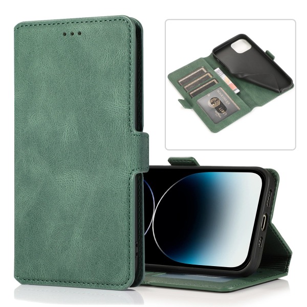 Exklusivt Skinnfodral med Flip-funktion för iPhone 15 - (3-kortfack) Green