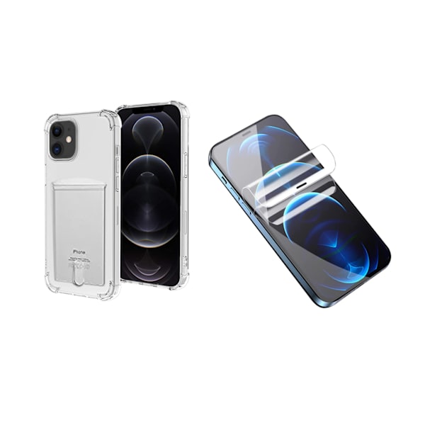 iPhone 12 Mini - Skal med Kortfack & Mjukt Sk�rmskydd Transparent