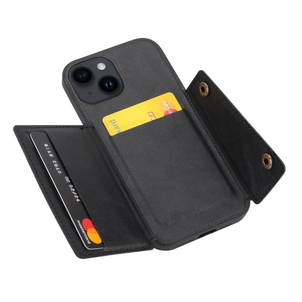 iPhone 15 - Ylellinen retronahkainen lompakkokotelo, 4 korttilokero Black