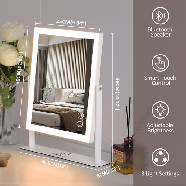 FENCHILIN Hollywood Sminkespeil med Lys og Bluetooth 360° Dreibart Bordmodell Speil 25 x 30 CM Hvitt Speil med Lys hvit 25*30CM