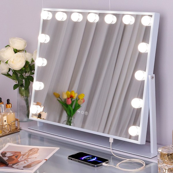 FENCHILIN Hollywood Makeup Spejl med Lys 360° Drejeligt Bordpladespejl Hvid 58 x 46cm hvid