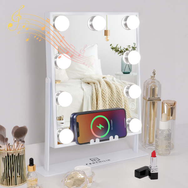 FENCHILIN Hollywood Vanity Spejl med Lys Bluetooth Trådløs opladning Bordplade Hvid 25 x 30 cm hvid 25 x 30cm