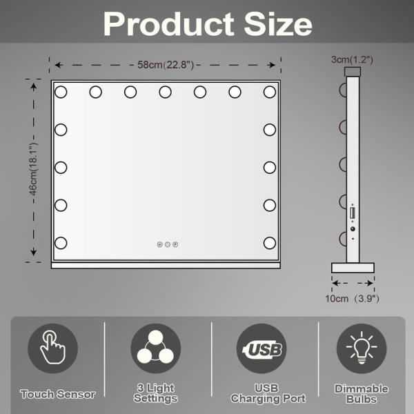 FENCHILIN Sminkespejl med lys 15 LED-pærer USB Bordplade Vægmontering Stort Spejl Hvid hvid 57.8*46.4CM