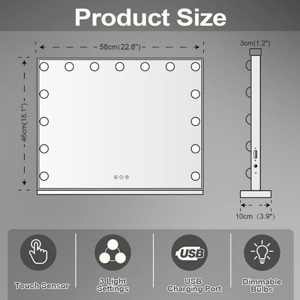FENCHILIN Sminkspegel med Belysning 15 LED-lampor USB Bordsmodell Väggmontering Stor Spegel Vit 58 x 46 CM vit 58*46 cm