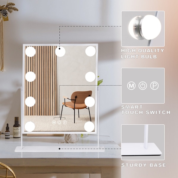 FENCHILIN Hollywood Sminkespeil med Lys 360° Dreibart Bordplate 25 x 30cm Hvitt Speil hvit 25 x 30cm