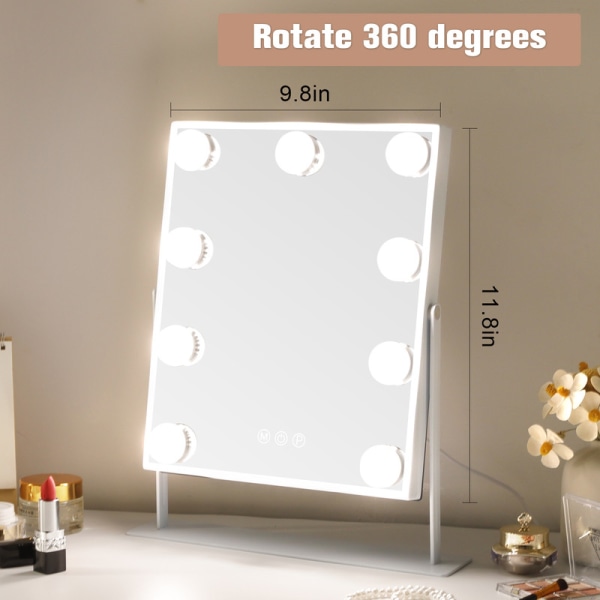 FENCHILIN Makeup-spejl med lys 9 LED-pærer 360° drejeligt bordspejl Teenageværelses interiørdesign Halloween-gave hvid 30.5*36CM
