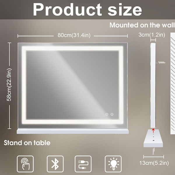 FENCHILIN Stort Hollywood Sminkespeil med Lys Bluetooth Krystallfinish Bordplate Veggmontering Hvitt Speil 80 x 58cm hvit 80*58CM