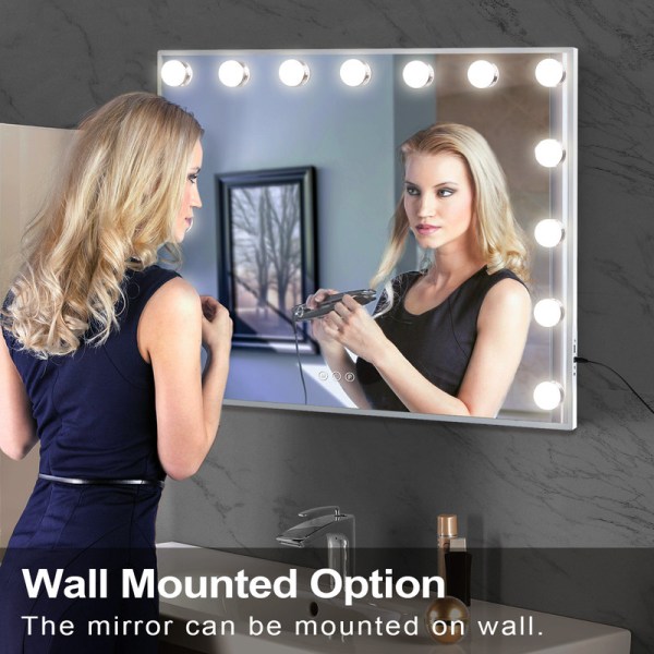 FENCHILIN Hollywood-peili valaistuksella USB-pöytäpeili seinäkiinnitys valkoinen 58 x 46cm White 58 x 46cm