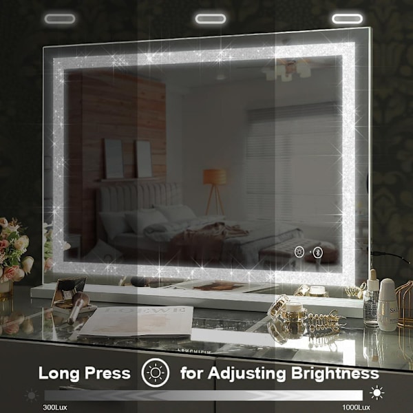FENCHILIN Stor Hollywood Sminkspegel med Belysning Bluetooth Kristallfinish Bordsmodell Väggmontering Vit Spegel 80 x 58cm vit 80*58CM