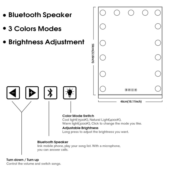 FENCHILIN Hollywood turhamaisuuspeili valoilla Bluetooth pöytäteline, valkoinen 46 x 58 cm peili White 46*58cm