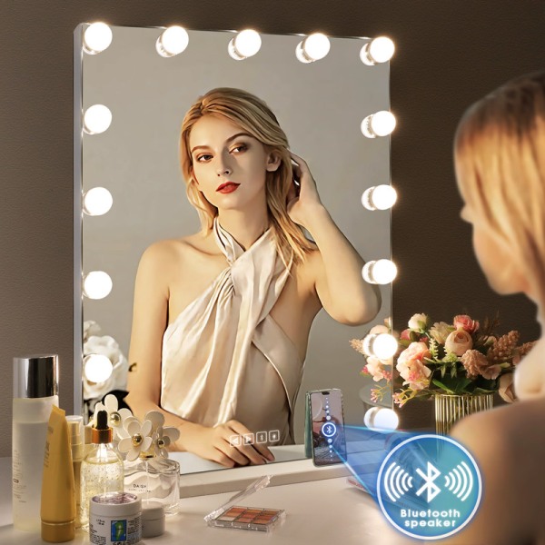 FENCHILIN Hollywood Vanity Spejl med Lys Bluetooth Bordplade Vægmontering Hvid 46 x 58 cm Spejl White 46*58cm