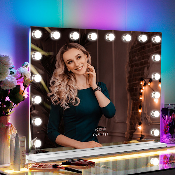 FENCHILIN Spejl med lys RGB baggrundsbelyst strim-18 dæmpbare pærer bordplade vægmonteret makeup spejl hvid 80 x 58cm spejl