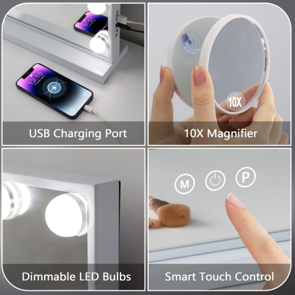 FENCHILIN Sminkespejl med lys 15 LED-pærer USB Bordplade Vægmontering Stort Spejl Hvid hvid 57.8*46.4CM