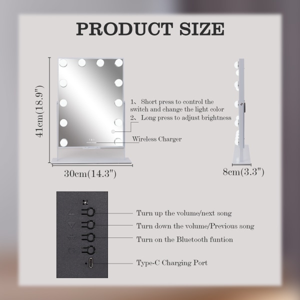 FENCHILIN Hollywood turhamaisuuspeili valoilla Bluetooth Langaton latauspöytälevy Valkoinen 30 x 41 cm peili valkoinen 30 x 41cm