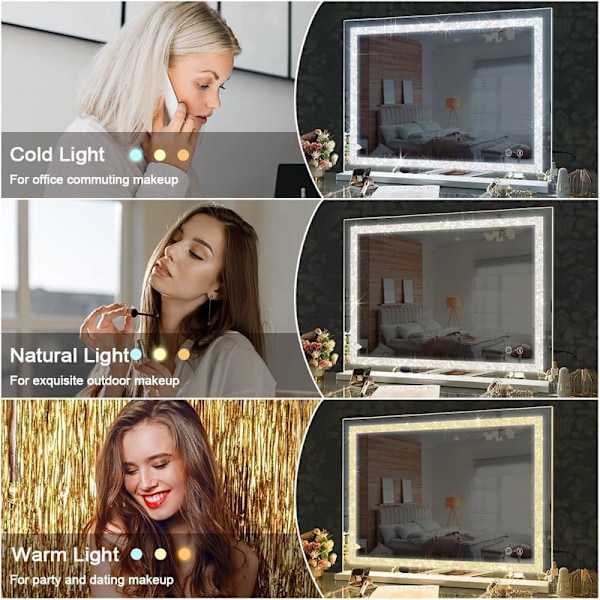 FENCHILIN Stort Hollywood Makeup Spejl med Lys Bluetooth Krystal Finish Bordplade Vægmontering Hvidt Spejl 80 x 58cm hvid 80*58CM