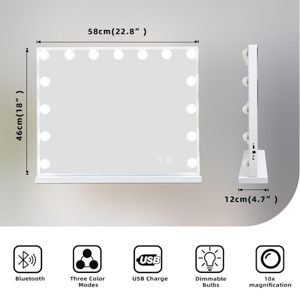 FENCHILIN Hollywood sminkbordsspegel med lampor Bluetooth bordsskiva väggmontering vit 58 x 46 cm vit 58*46cm