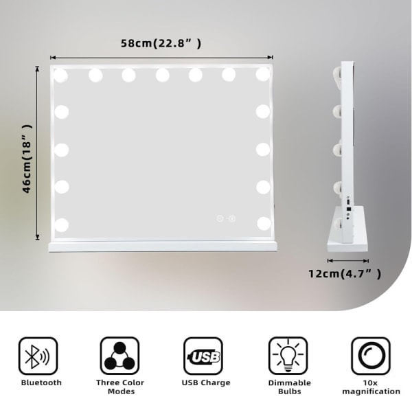 FENCHILIN Hollywood sminkspegel med lampor Bluetooth bordsskiva väggfäste Vit 58 x 46 cm vit 58*46cm
