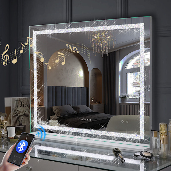 FENCHILIN 100 x 80 cm Stor Hollywood Sminkspegel med Belysning Bluetooth Kristallfinish Bordsmonterad Väggmonterad Vit Spegel vit 100*80 cm