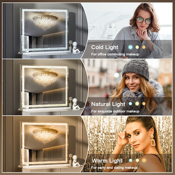 FENCHILIN 100 x 80 cm Stor Hollywood Sminkspegel med Belysning Bluetooth Kristallfinish Bordsmonterad Väggmonterad Vit Spegel vit 100*80 cm