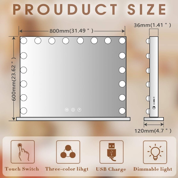 FENCHILIN Stort Hollywood-spejl med lys USB bordplade vægmontering hvidt spejl 80 x 58cm hvid 80*58CM