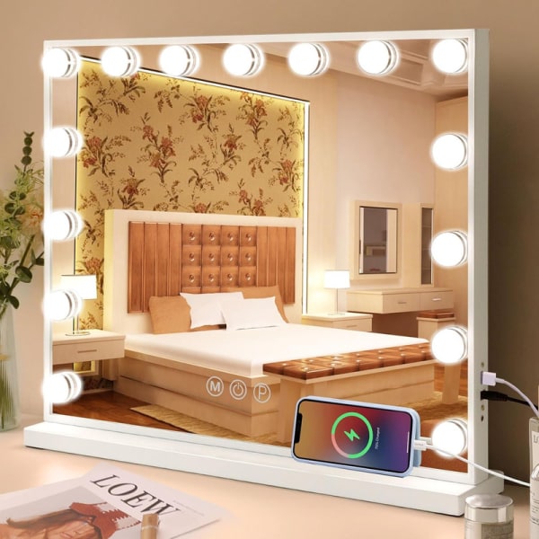 FENCHILIN Sminkspegel med lampor 15 LED-lampor USB Bordsskiva Väggfäste Stor spegel Vit vit 57.8*46.4CM