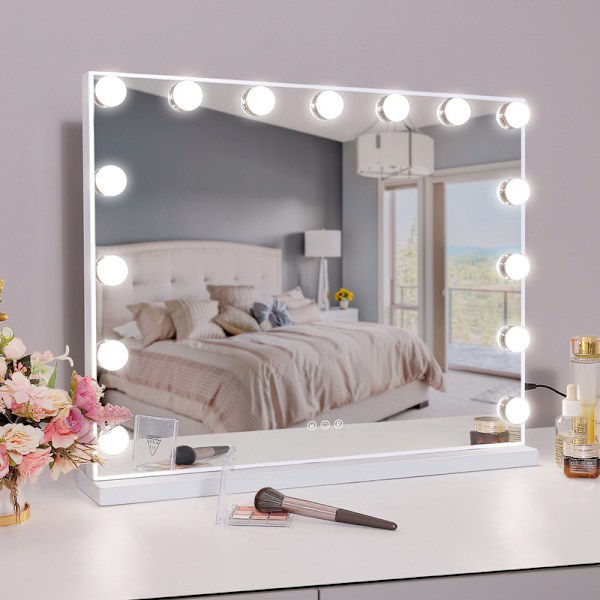 FENCHILIN Sminkspegel med Belysning 15 LED-lampor USB Bordsmodell Väggmontering Stor Spegel Vit 58 x 46 CM vit 58*46 cm
