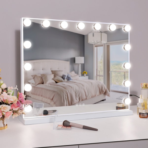 FENCHILIN Sminkspegel med lampor 15 LED-lampor USB Bordsskiva Väggfäste Stor spegel Vit vit 57.8*46.4CM
