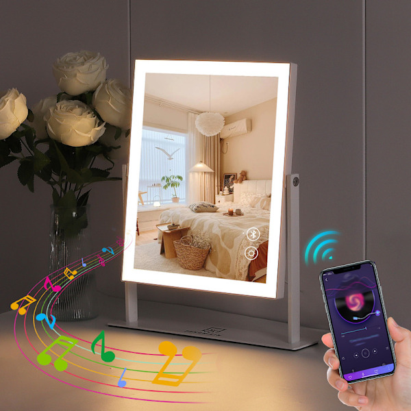 FENCHILIN Hollywood Sminkespeil med Lys og Bluetooth 360° Dreibart Bordmodell Speil 25 x 30 CM Hvitt Speil med Lys hvit 25*30CM