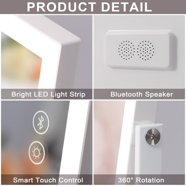 FENCHILIN Hollywood Speil med Lys, Bluetooth, 360° Svingbar Bordplate Speil Hvit 30 x 41 CM Speil med Lys hvit 30*41 CM