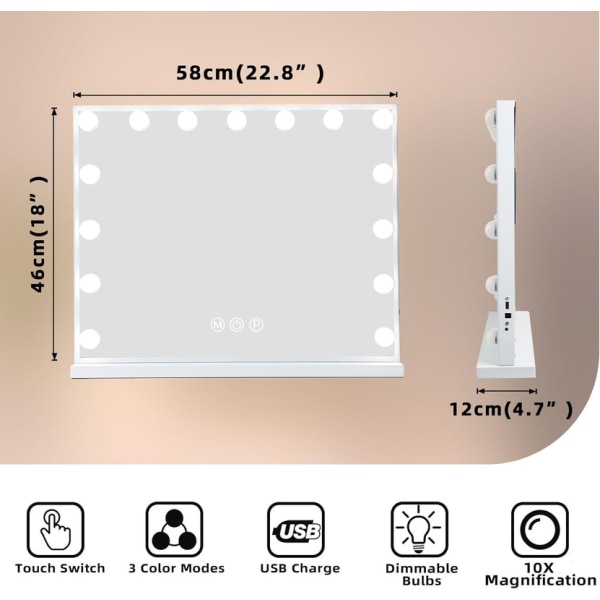 FENCHILIN Hollywood Vanity Mirorr with Lights USB Bordplade vægmonteret spejl hvid 58 x 46 cm White 58 x 46cm