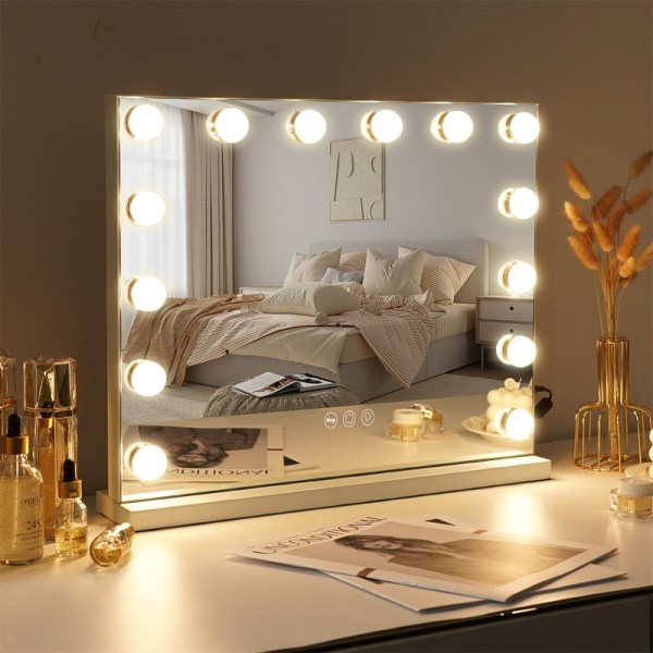 FENCHILIN Hollywood sminkspegel med lampor Bordsskiva väggmonterad 50 x 40 cm Vit stor spegel vit 50*40CM