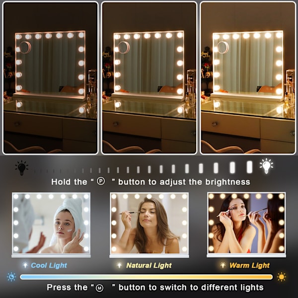 FENCHILIN Makeupspejl med Lys 15 LED Pærer USB Bordplade Vægmontering Stort Spejl Hvid 58 x 46 CM hvid 58*46 cm