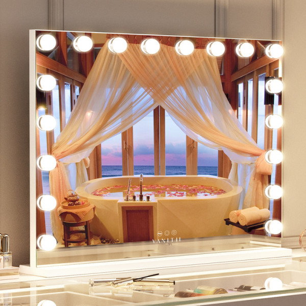 FENCHILIN stort makeupspejl med lys 18 LED-pærer USB bordplade vægmontering Hvidt spejl 80 x 58 cm hvid 80*58CM