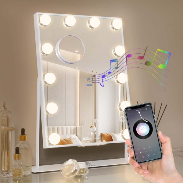 FENCHILIN Hollywood sminkespeil med lys Bluetooth trådløs ladebordplate hvit 30 x 41 cm speil hvit 30 x 41cm
