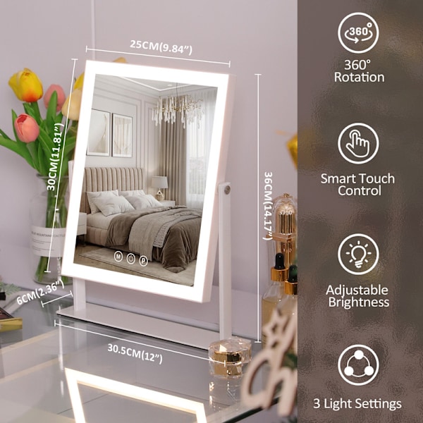 FENCHILIN Hollywood Makeup Spejl med Lys Touch Funktion 360° Drejelig Bordplade Hvidt Spejl 25 x 30 CM hvid 25*30CM